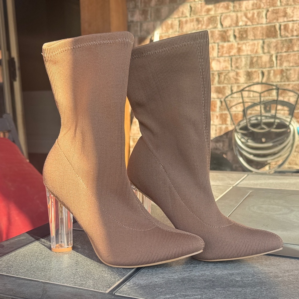 Fashion Nova Brown Heeled Boots with Clear Heels
